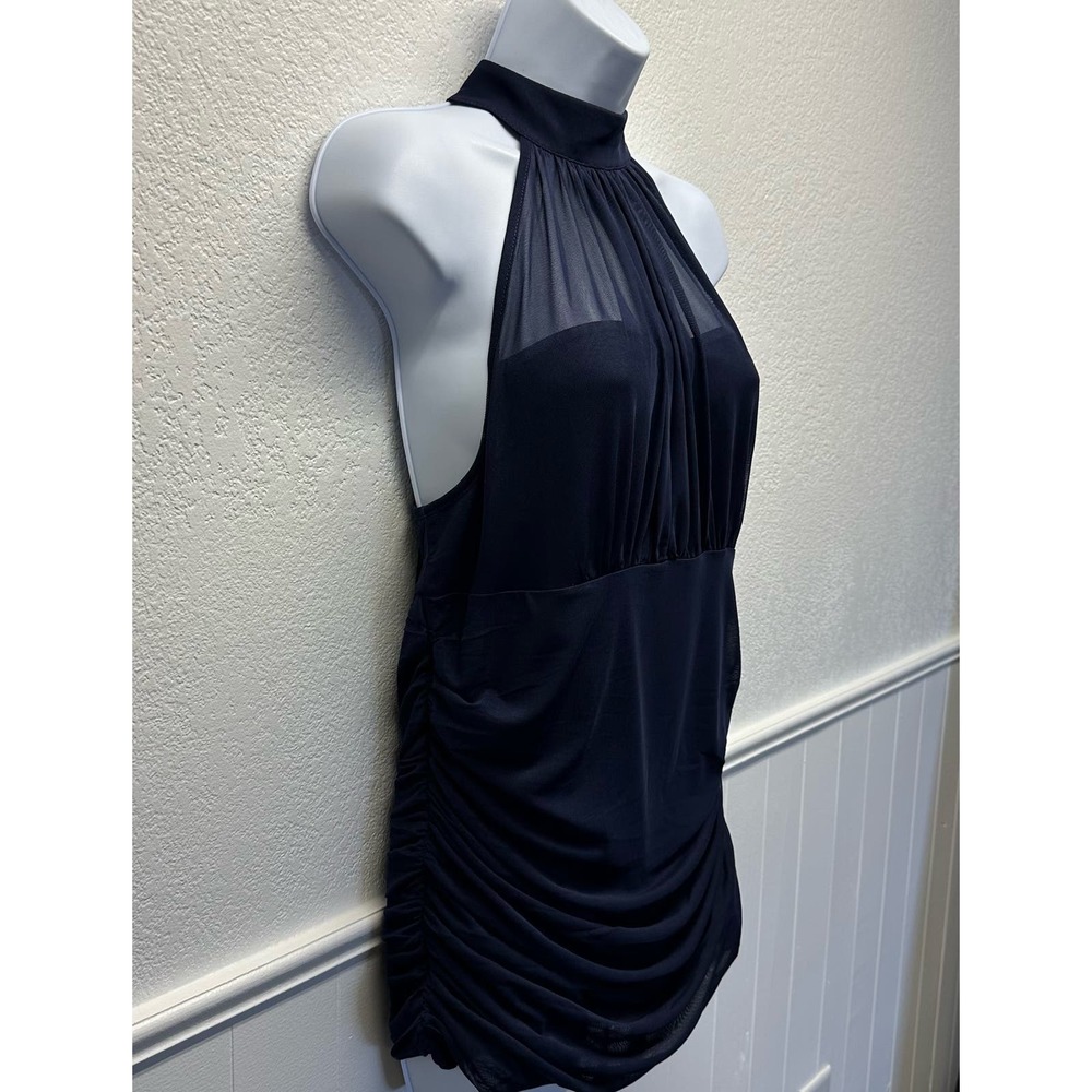 Venus Women’s Sz Lg High Collar Navy Ruched Sleeveless Blouse NWOT, V501 - Picture 5 of 14
